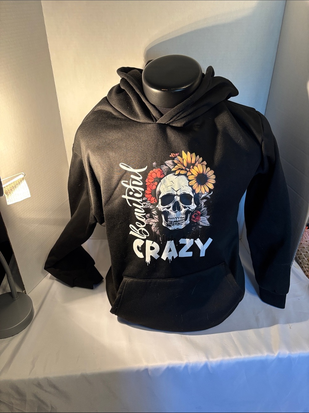 Source Unknown Black "Beautifully Crazy" Skull Flower Hoodie